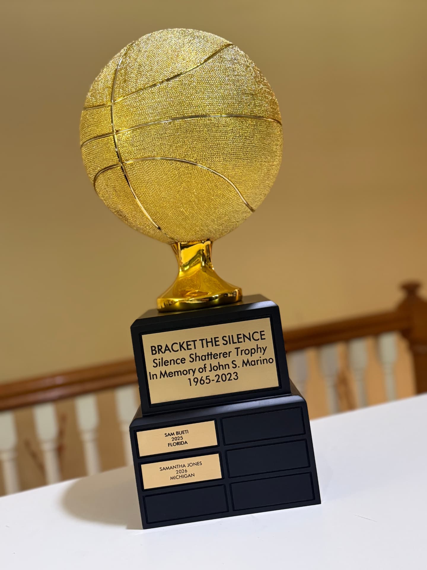The Silence Shatterer Trophy — a golden basketball trophy honoring past winners