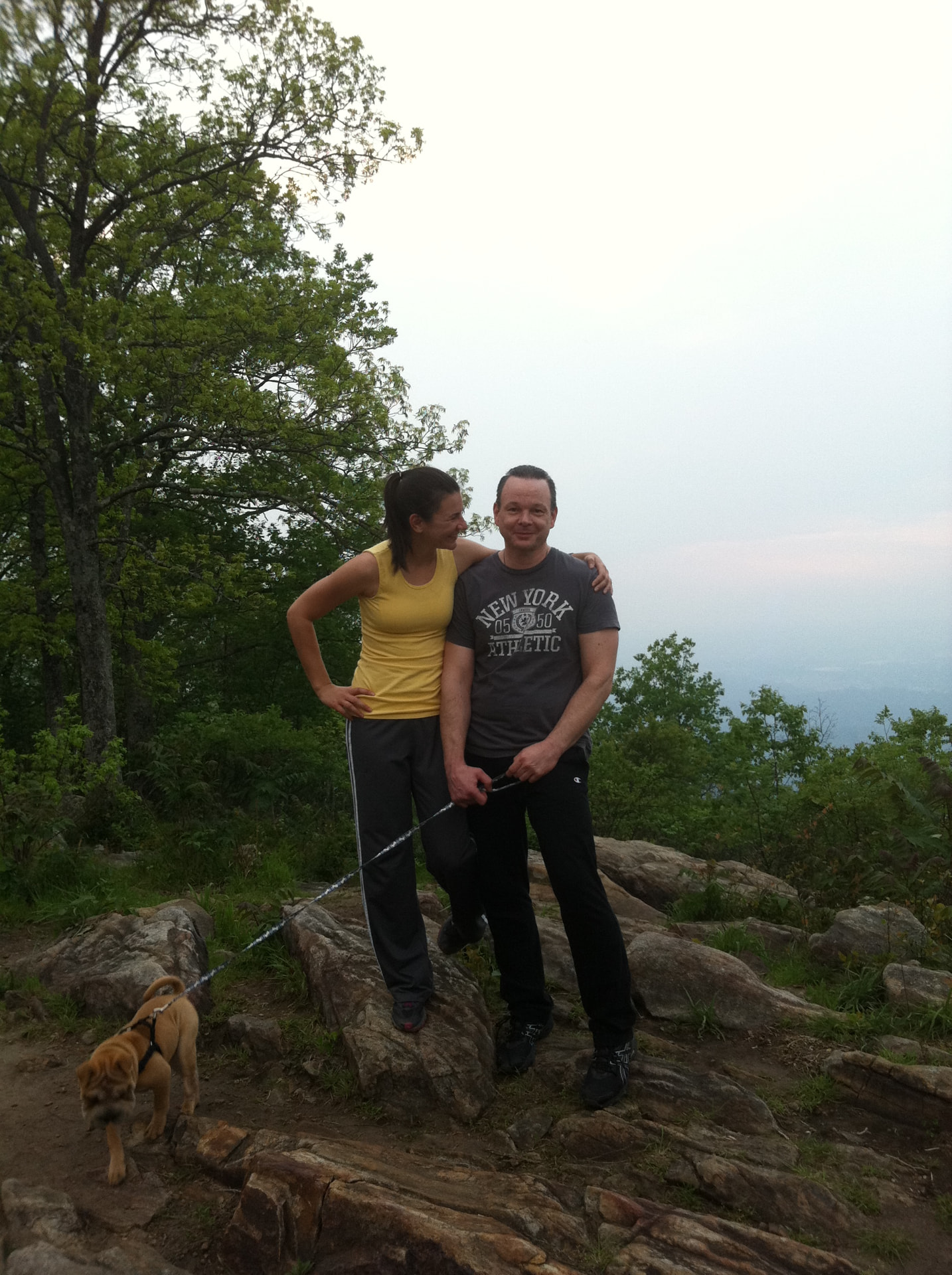 A couple and their dog standing together on a rocky outcrop overlooking a hazy valley