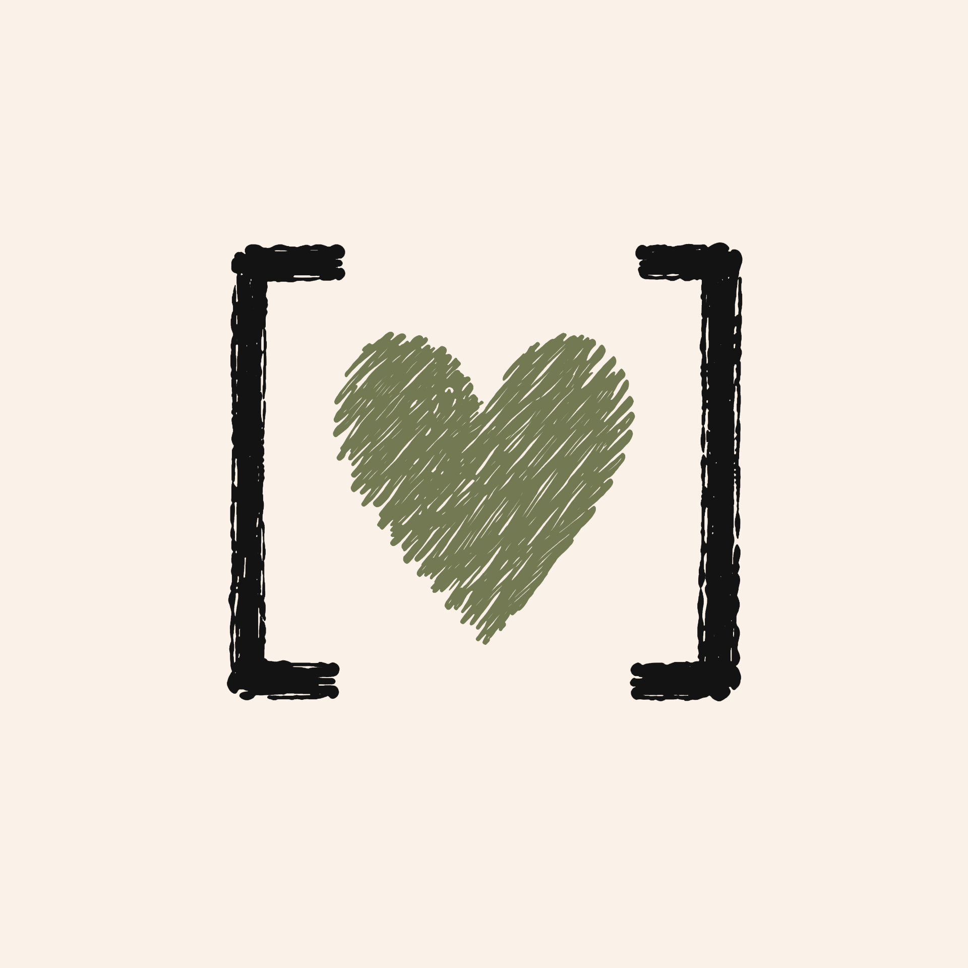 Hand-drawn green heart scribble between black brackets on a cream background